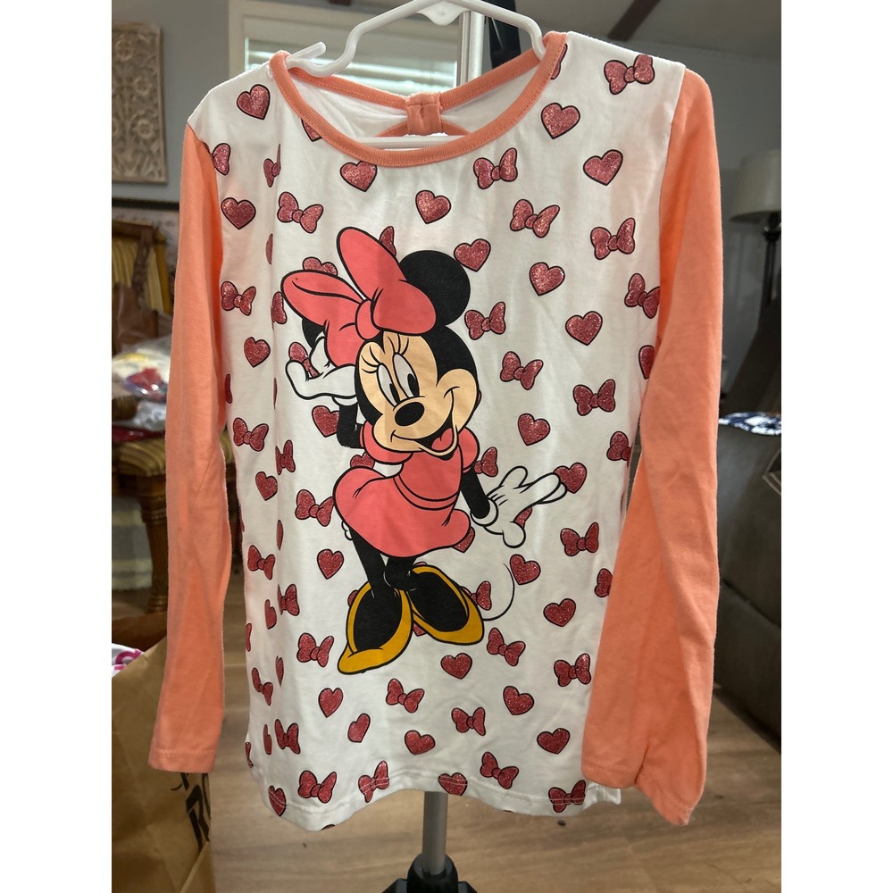 Disney Minnie Mouse Girls Long Sleeve Graphic Tee Pink White Glitter Hearts Bows